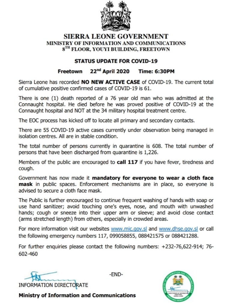 Status update for Covid-19 Sierra Leone Government